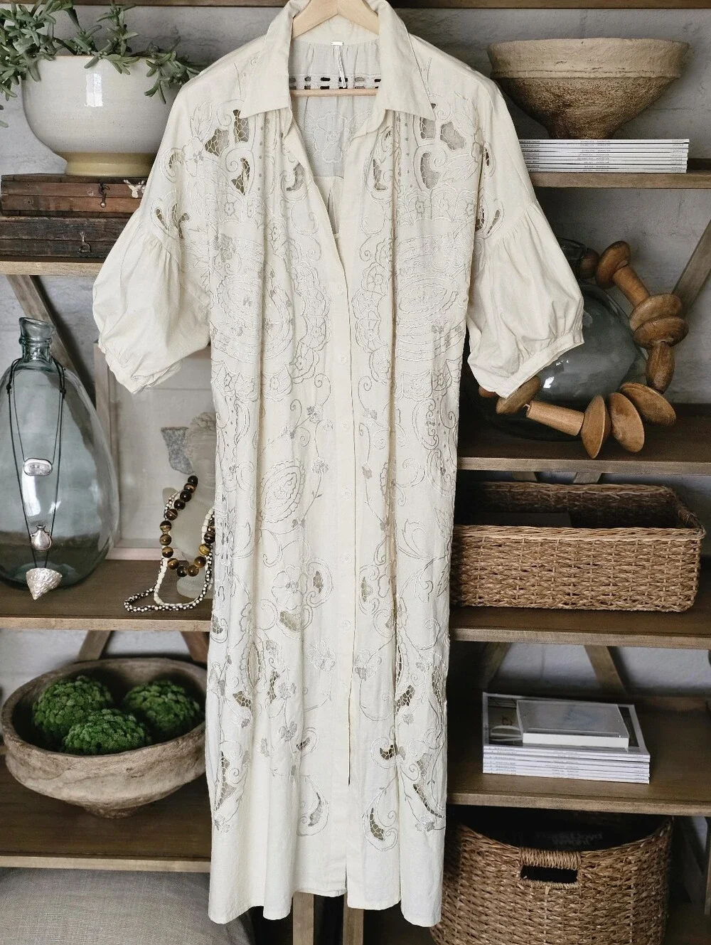 Free People Embroidery Oversized Button Front Kaftan Lace Dress NWOT